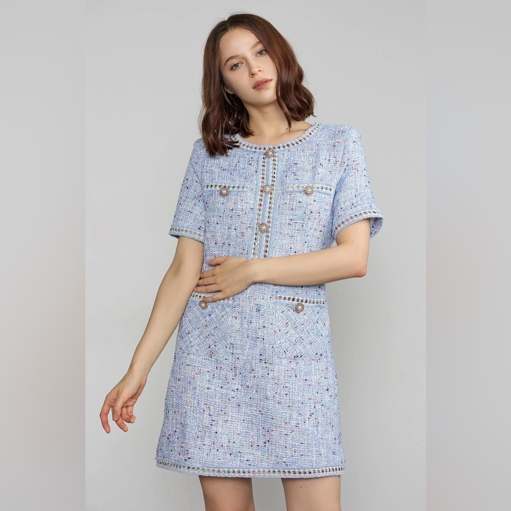 J.ING Librada Tweed Blue Button Short Sleeve Mini Dress